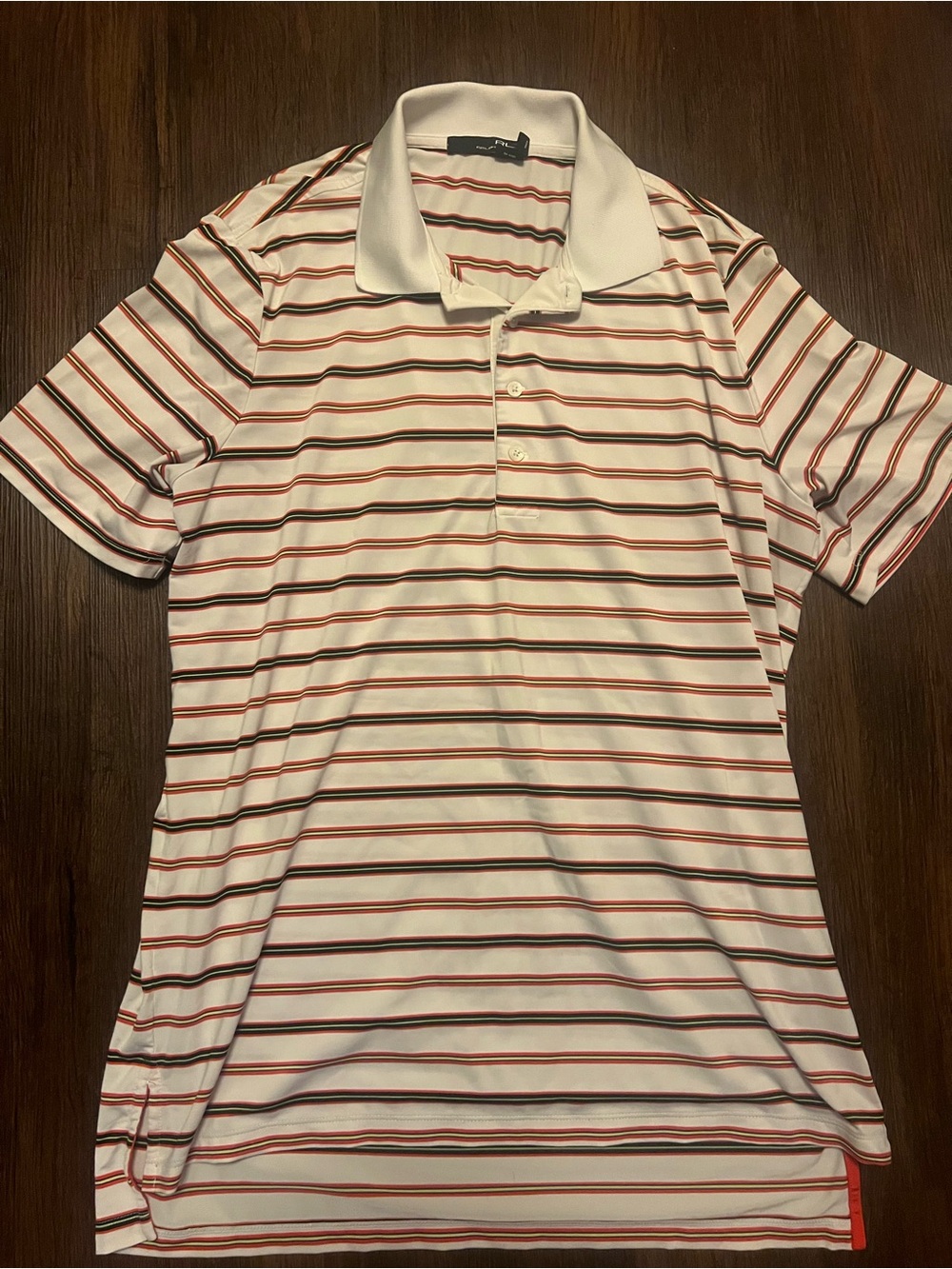 RLX Ralph Lauren White Polo with Red, Black & Yellow Stripes